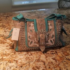 Studded Teal and Tan Handbag. NWT. 13" By 8"H.